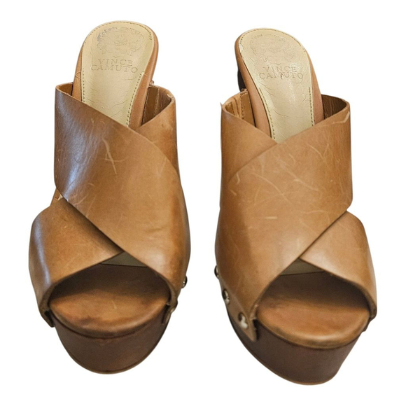 Vince Camuto Tan Leather Platform Heel Mules Size 9 - Picture 2 of 14